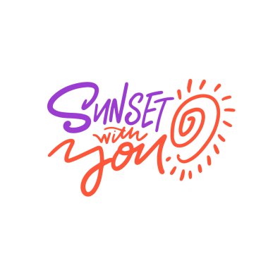 Sunset with You 'nun el yazısı logosu. Ortasında mavi ve mor bir güneş var. Dikdörtgen desenli tişörtler için mükemmel. Görünüşünüzü bu eşsiz sanat yazıtipiyle damgalayın