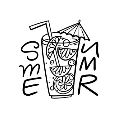 Bir bardak limonatanın siyah beyaz çizimi, bir şemsiye ve samanla, sanatsal jestler ve otomotiv tasarımı tarzında desenler sergiliyor.