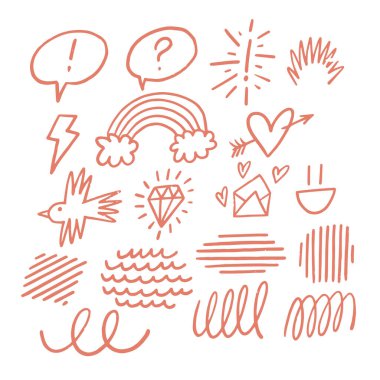 Çemberler, dikdörtgenler ve kollar dahil olmak üzere çeşitli pembe ve morumsu tonlarda çeşitli tekstil desenleri içeren el çizimleri koleksiyonu, eşsiz bir sanat illüstrasyonu yaratıyor.