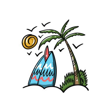 Deniz kenarındaki bir palmiye ağacının altında, güneşli bir gökyüzü ve uçan kuşlarla birlikte sörf tahtalarının canlı bir illüstrasyonunun tadını çıkarın.