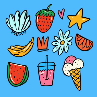 Renkli el yapımı meyve ve ikram düzenlemeleri neşeli bir yaz atmosferi ile, canlı medya için mükemmel.