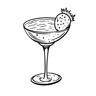 Black and white hand-drawn cocktail glass with a strawberry garnish, perfect for bar or drink designs.