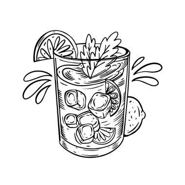 Buz küplü, limon dilimli ve otlu bir limonata bardağı çizimi, siyah beyaz taslak şeklinde elle çizilmiş.