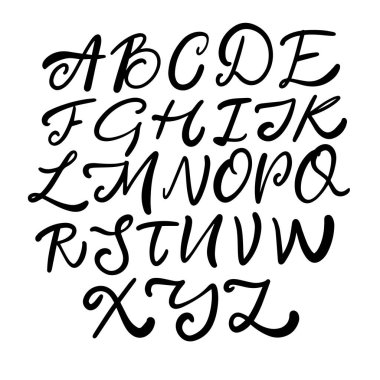 Black handwritten alphabet with elegant curves and uppercase script letters, ideal for creative typography designs