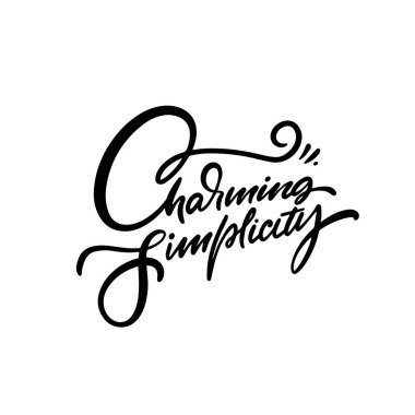 Charming Basitlik logosu zarif bir şekilde beyaz arka planda siyah el yazısı tipografisi ile tasarlanmıştır.