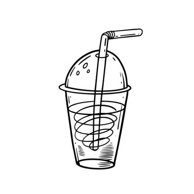 Kubbe kapağı ve samanı olan plastik bir fincanın el çizimi resmi. Eskiz tarzında içecekler için mükemmel..