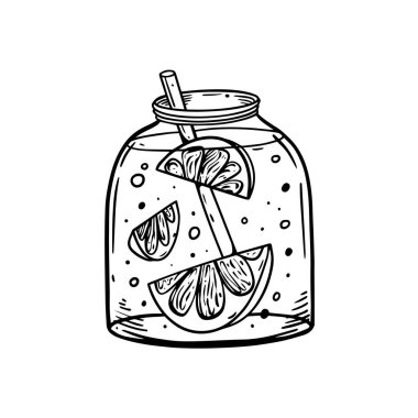 Limon dilimli mason kavanozunun siyah beyaz çizimi ve içki ve yaz için mükemmel bir pipet..