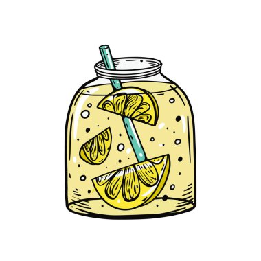 Elle çizilmiş limonata, limon dilimleri ve pipetli mason kavanozu canlandırıcı ve organik bir özü somutlaştırıyor.