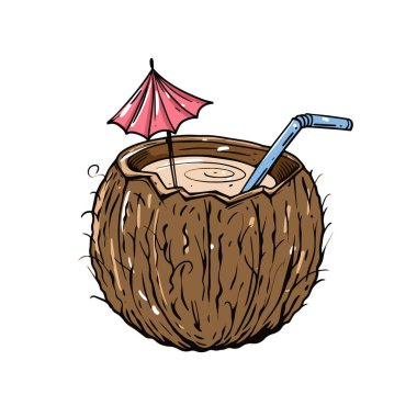 Pembe şemsiyeli ve mavi pipetli el yapımı hindistan cevizi içeceği. Tropikal atmosfer ve plaj tatili için mükemmel.