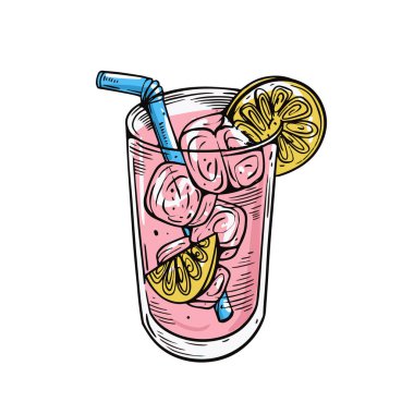 Sanat eserlerinde bir bardak buzlu pembe limonata, limon dilimleri ve ferahlatıcı bir içeceği sembolize eden mavi bir pipet tasvir edilir.