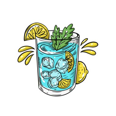 Buzlu, nane yapraklı ve limon dilimli ferahlatıcı bir bardak limonata..