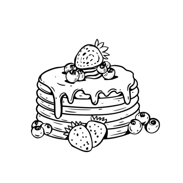 stock vector A hand-drawn stack of pancakes is pictured with berries and syrup, perfect for breakfast inspired designs