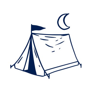 Hilal şeklindeki bir çadırın minimalist çizgisi çizimi. Açık hava ve macera temaları için ideal.