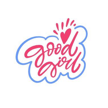 Renkli el yazısı iyi kız metni, kalp ve oyuncu tasarım öğeleri, çıkartmalar ve ürünler için ideal..