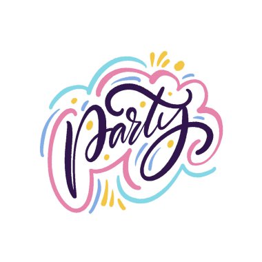 Pastel renklerde şenlikli bulut tasarımı ile canlı parti kaligrafisi, özel etkinlikleri desteklemek için mükemmel.