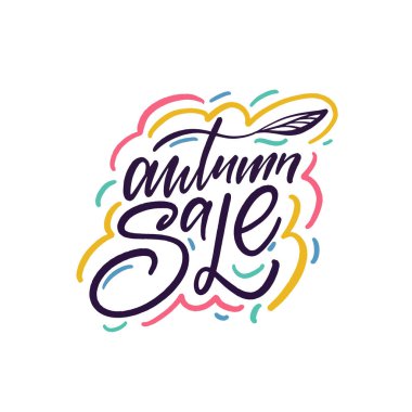 Renkli ve dekoratif unsurları olan el yazısıyla sonbahar indirimi tasarımı mevsimlik promosyonlar için mükemmel..