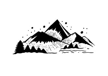 Dağların ve çam ağaçlarının minimalist siyah beyaz çizimi, doğa temalı dekorasyon için ideal.