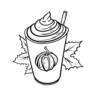 Mevsimi kutlamak için çırpılmış krema ve sonbahar yapraklarıyla kaplı balkabağı baharatlı içeceğin el yapımı resmi.