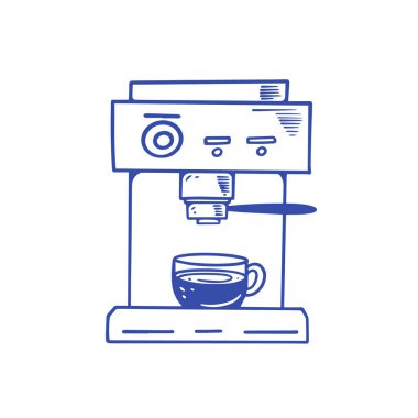 Güzel bir minimalist mavi illüstrasyon kahve makinesini demlenmiş kahveyle sergiliyor.