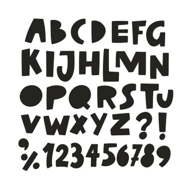 Eğlenceli ve yaratıcı tasarımlar için koyu siyah harflerden, sayılardan ve sembollerden oluşan canlı ve eğlenceli bir set.