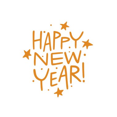 Yeni yılı kutlayan canlı bir illüstrasyon. Dekoratif ve parlak yıldızların yanında canlı bir tipografi.