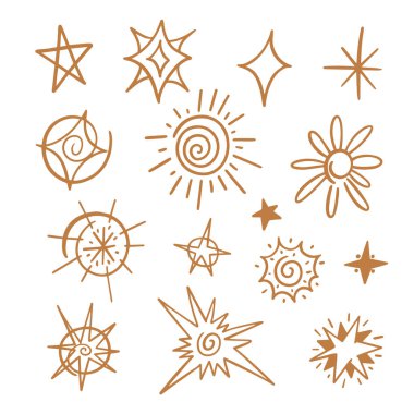 Çeşitli tasarım projeleri için mükemmel, yıldızların ve güneşin sanatsal karalama simgelerinden oluşan şık bir koleksiyon.