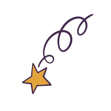 Arkasında tuhaf kıvrımlı bir iz bırakan renkli bir kayan yıldızı tasvir eden hoş ve büyüleyici bir çizim.