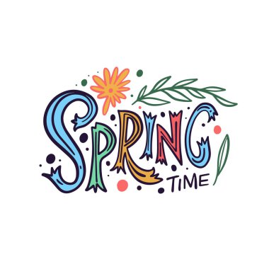 Canlı ve canlı bir bahar metni. Güzel çiçek desenlerinin yanında renkli harfler sergileniyor.