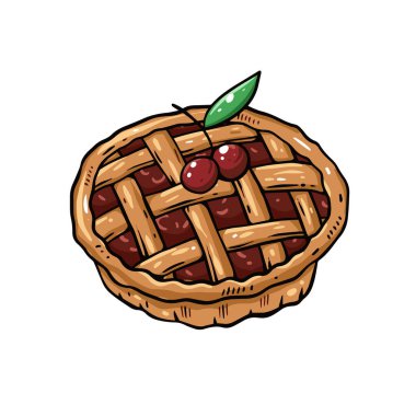 Güzel çizilmiş kirazlı turta güzel bir kafes kabuğuyla süslenmiş canlı ve taze kirazlar sergileniyor.