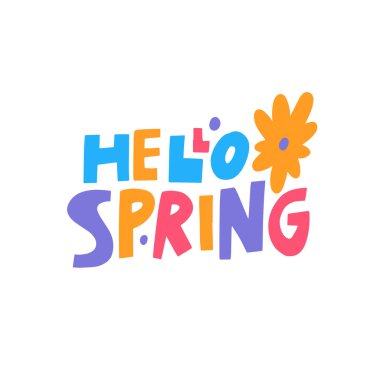 Renkli mektuplar ve güzel çiçek tasarımlarıyla Hello Spring 'in gelişini hoş karşılayan neşeli ve canlı bir illüstrasyon.