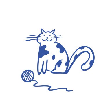 Sevimli çizgi sanatı, neşeli bir kedinin renkli bir iplik yumağının yanında sevinçle oturmasını tasvir eder. Hayvan severler için mükemmel.