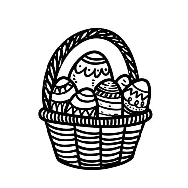 Bu siyah-beyaz çizim, içi güzel dekore edilmiş Paskalya yumurtalarıyla dolu detaylı bir sepeti gösteriyor.