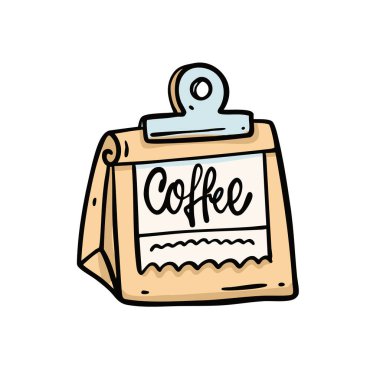 Bu büyüleyici illüstrasyon, kafe ve kahve temalı medya için ideal, kullanışlı klipsli bir kahve paketini gösteriyor.