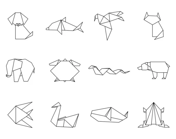 Origami Japonská Zvířata Nastavit Ikony Moderní Koníček Polygonová Skládaná Papírová — Stockový vektor