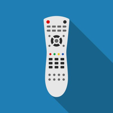 TV remote control device on blue background. Television technology channel surfing equipment with buttons icon. Distance media keyboard communication controller technology. Vector illustration.