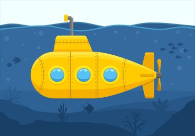 Yellow Submarine with periscope floating under sea water. Underwater ship exploring at the bottom of sea. Marine life with fish, coral and seaweed. Bathyscaphe ocean scene. Vector illustration.
