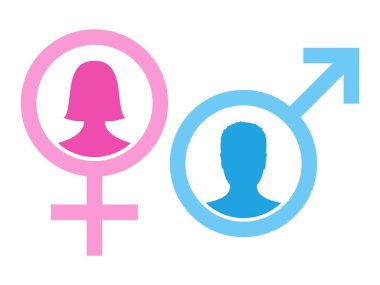 Cinsiyet erkek ve kadın simgeleri, erkek ve kadın kafalarına sahip. Cinsel yönelim kavramı. Seks sembolü ikonu. Cinsel kimlik amblemlerini birleştir. Vektör illüstrasyonu.