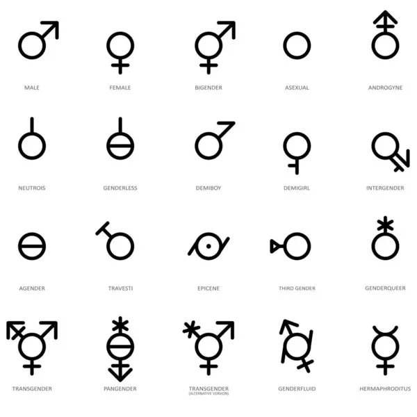白い背景に隔離されたジェンダーアイコンのセット 性的指向のコンセプト トランスジェンダーのシンボル セックスシンボルアイコン セックスアイデンティティのエンブレムをツアー ベクトルイラスト — ストックベクタ