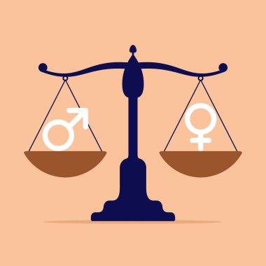 Cinsiyet eşitliği kavramı. Üzerinde erkek ve kadın sembolleri olan iki kâse olan teraziler cinsiyetler arasındaki eşitliği ve mükemmel dengeyi gösteriyor. Vektör illüstrasyonu.