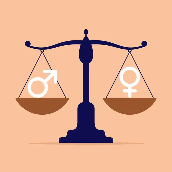 Concepto Igualdad Género Escalas Con Dos Cuencos Con Símbolos Masculinos — Archivo Imágenes Vectoriales