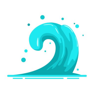 Beyaz arka planda izole edilmiş düz çizgi film tarzında su dalgası. Mavi su hareketi efektleri, akıntılar, akıntılar, dökülmeler. Düşen su damlaları sıçrıyor. Vektör illüstrasyonu.