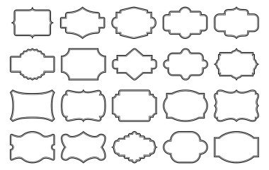 Boş çerçeveler ayarlandı. Dekoratif boş şekiller. Eski amblem etiketleri. Zarif kraliyet kapak etiketi. Contour albüm çerçevesi. Vektör illüstrasyonu.