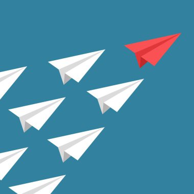 Liderlik başarısı kağıt uçak konsepti. Diğer kağıt uçak takipçilerinden önde gelen uçaklar. Yeni fikir, cesaret, yeni düşünce, yaratıcı karar, farklı düşün. Vektör illüstrasyonu.