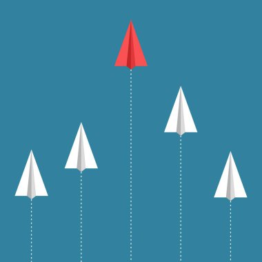 Liderlik başarısı kağıt uçak konsepti. Diğer kağıt uçak takipçilerinden önde gelen uçaklar. Yeni fikir, cesaret, yeni düşünce, yaratıcı karar, farklı düşün. Vektör illüstrasyonu.