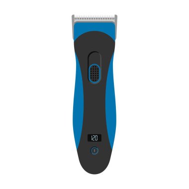 Saç ve sakal kesme makinesi beyaz arka planda izole edilmiş. Elektrikli kuaför aletleri, düz bir saç makasıyla. Vektör illüstrasyonu.