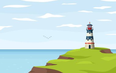 Deniz kıyısındaki deniz feneri kulesi. Deniz kıyısı ya da okyanus sahili kayaları ve deniz feneri binası. Deniz feneriyle kıyı şeridi manzarası. Umut sembolü, beklenti, yalnızlık konsepti. Vektör illüstrasyonu.