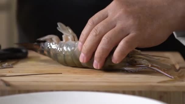 Chef Carving Giant River Prawns His Bare Hands Kitchen Knife — Stock Video