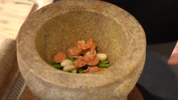 Chef Pounding Spicy Shrimp Paste Brown Stone Mortar — Stock Video