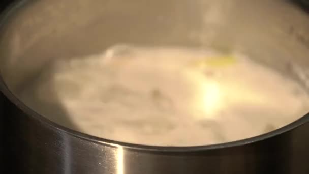 ココナッツミルクでタイチキンスープを調理 煮込み鍋に鶏肉を入れる — ストック動画