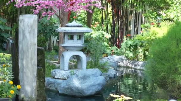 Japoński Styl Ogrodowy Odbiciem Pary Sztuczny Kwiat Sakura Japońską Latarnią — Wideo stockowe